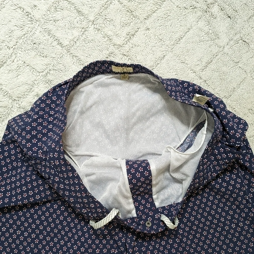 J. Crew Pool Shorts Mens 38 Navy Blue Floral Eco Mesh Lining Zip Back Pocket